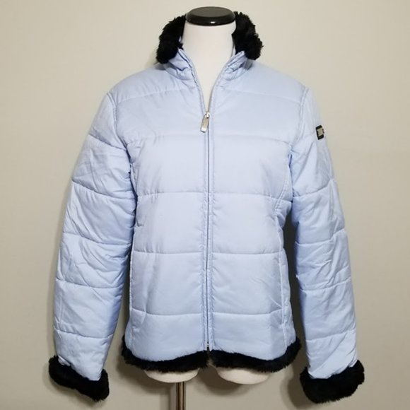 SPYDER Womens Full Zip Faux Fur Stand up Collar Jacket Size 8 Blue Puffer Coat - Picture 1 of 14